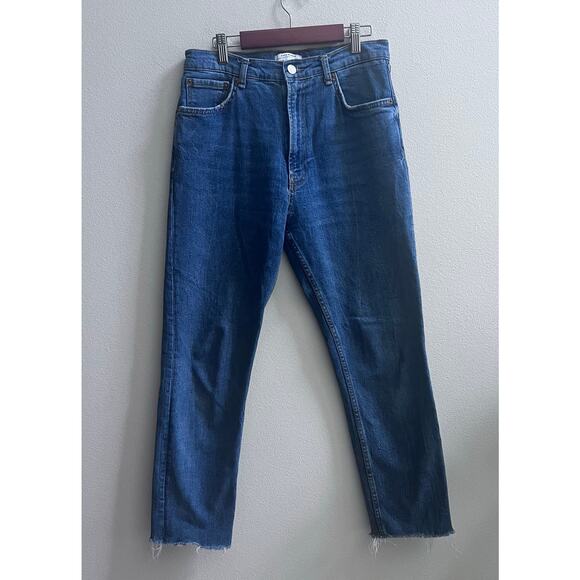 ZARA Ultra High Rise Stretchy Straight Leg Blue Jeans Raw Hem Medium Wash Size 6 - Picture 1 of 6